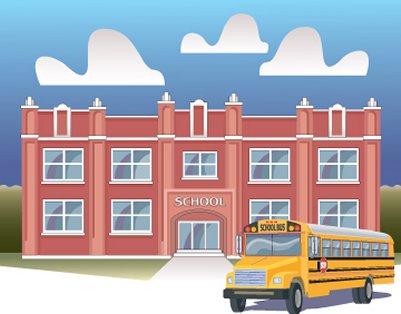Drawing of school building and school bus