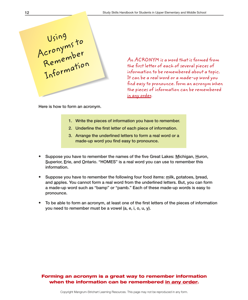 Upper Elementary/Middle School LD Study Skills Handbook - Using Acronyms to Remember Information