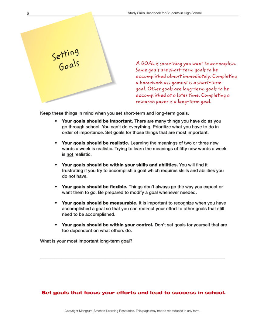 High School LD Study Skills Handbook - Setting Goals